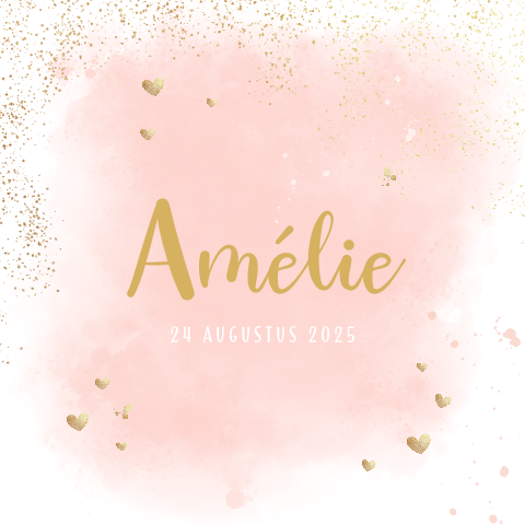 Hip geboortekaartje voor meisje met roze waterverf en gouden letters