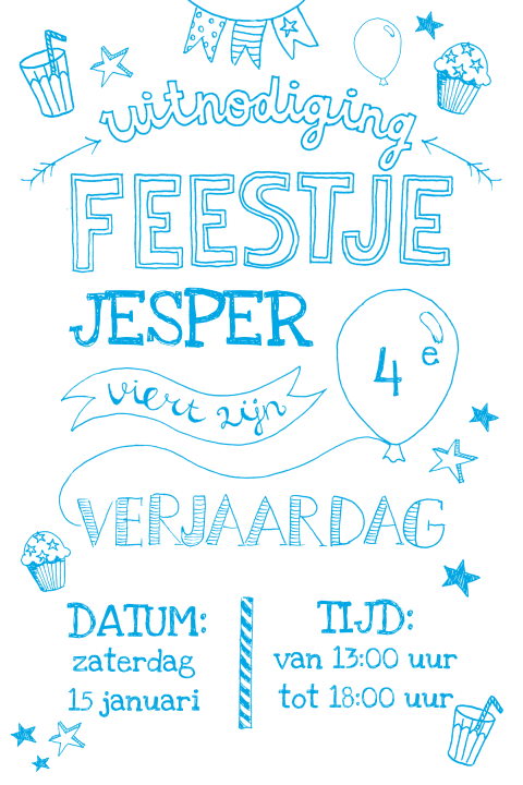 Vrolijke uitnodiging jongetje 4 jaar met hippe typografie en slingers