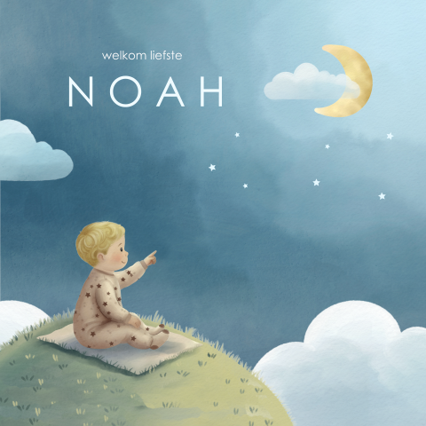 Dromerig blauw geboortekaartje met jongen in het gras en maan