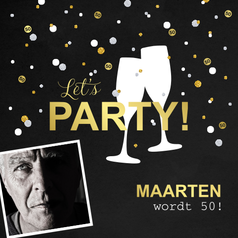 Hippe uitnodiging 50e verjaardag met goudfolie confetti en foto