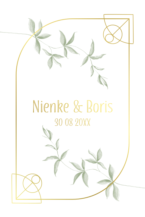 Mooie trouwkaart met art deco vorm folie en takjes