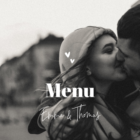 Menukaart met grote foto en witte hartjes