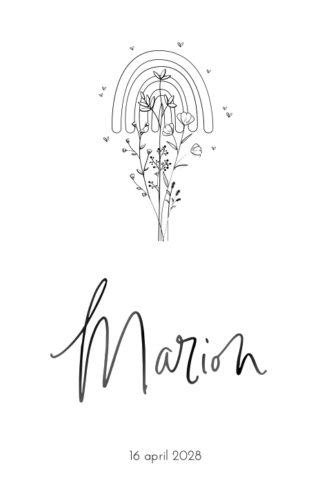 Lieve communiekaart met regenboog, bloemen en hartjes