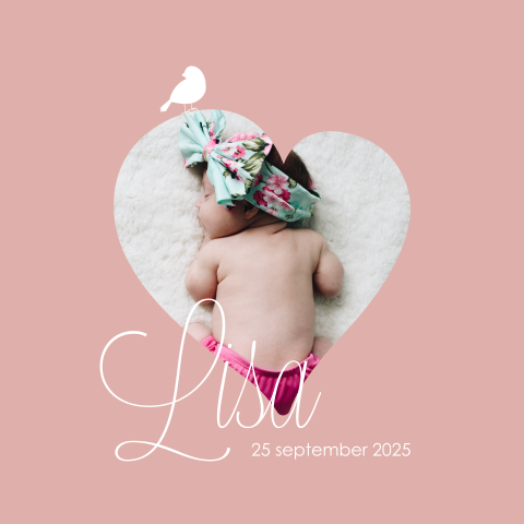 Bedankkaart met roze achtergrond en hartvormige babyfoto