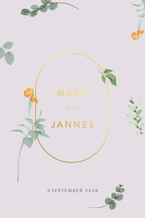 Hippe lila paarse trouwkaart met vrolijk gekleurde bloemen en takjes