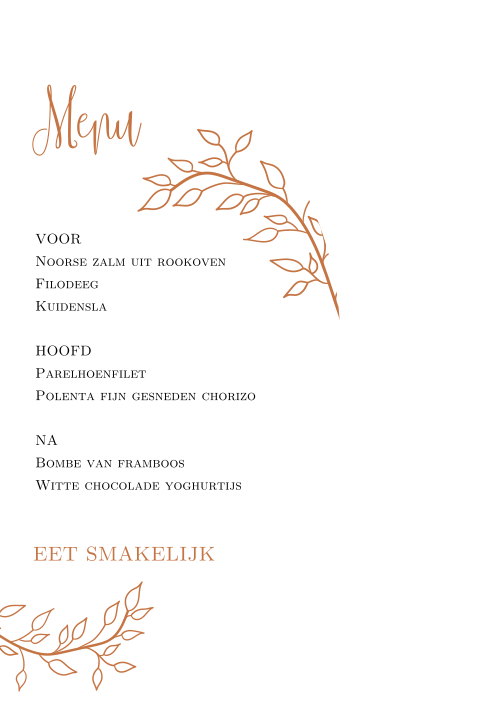 Menukaart voor bruiloft met takjes in originele vorm
