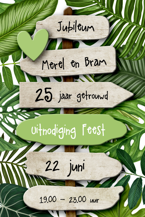 Uitnodiging 25 jaar getrouwd met tropische bladeren en wegwijzer