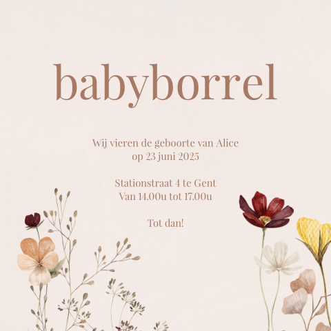 Babyborrelkaartje met getekende bloemen