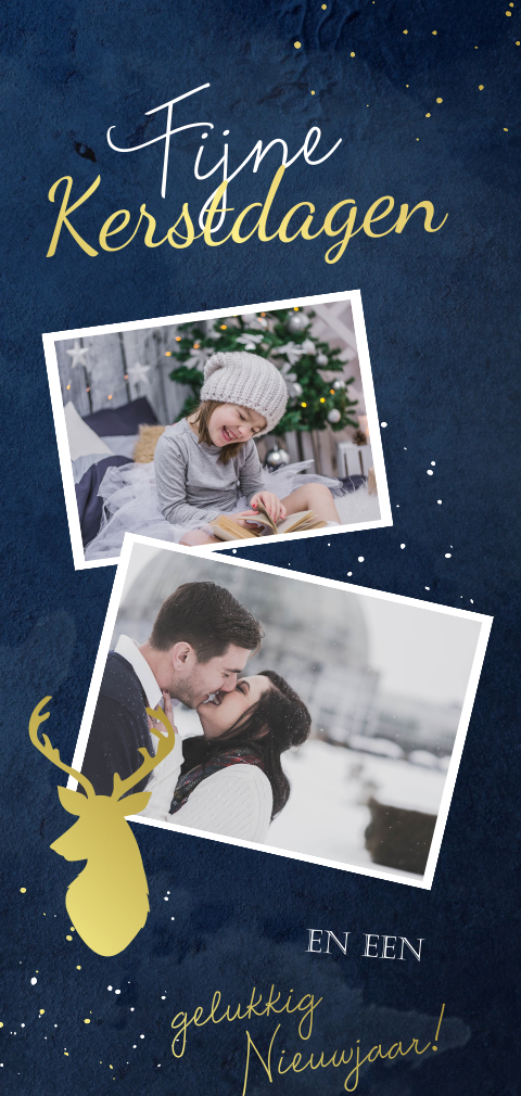 Goudfolie kerstkaart met foto's en rendier op donkerblauw