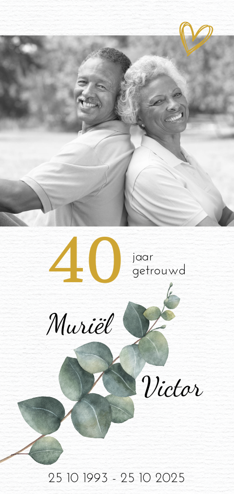 Stijlvolle uitnodiging 40 jarig huwelijk met eucalyptus takje