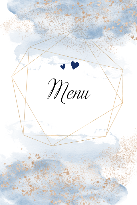 Waterverf menukaart met grafische vorm en blauwe hartjes