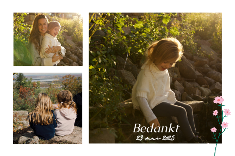 Communie bedankkaart met drie foto's en roze bloemen
