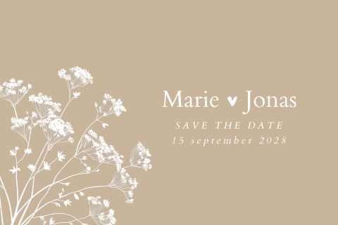 Save the date kaart met bloementjes op beige achtergrond - liggend