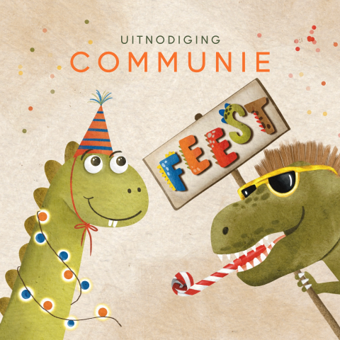Vrolijke uitnodiging communie met dinos
