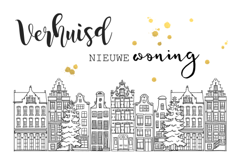 Verhuiskaart met kerstbomen en huizen in zwart wit