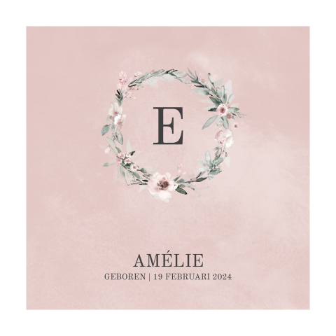 Hip geboortekaartje voor een meisje met bloemenkrans