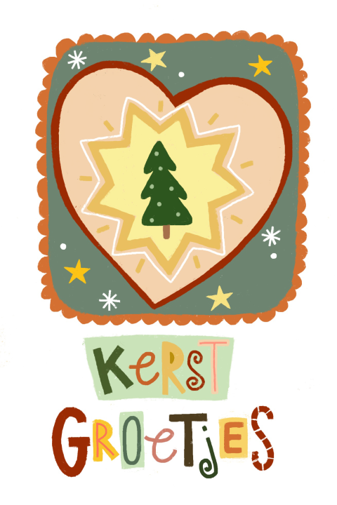 Vrolijke kerstkaart met een kerstboom en sterren