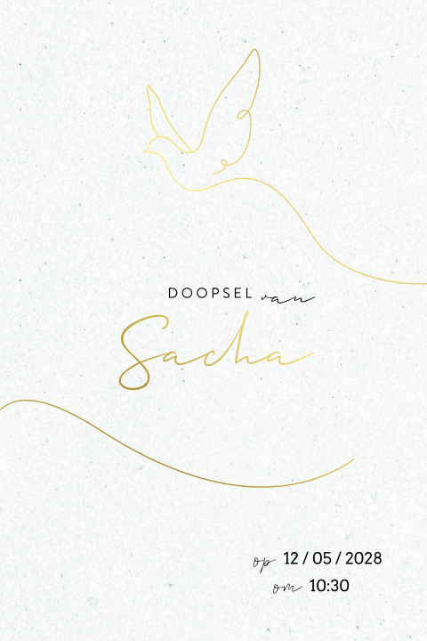 Stijlvol doopkaartje met gevlekte achtergrond en gouden duif