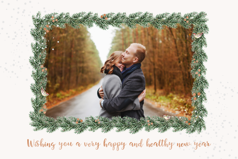 Moderne kerstkaart met foto, koperkleur hoogglans en ronde hoeken