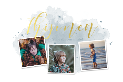 Goudfolie communiekaart met blauwe aquarel en foto's