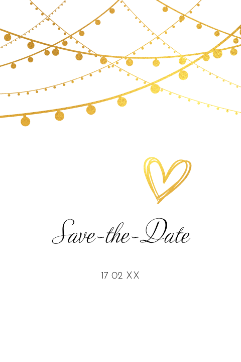Mooie save-the-date kaart met goudkleurige slingers