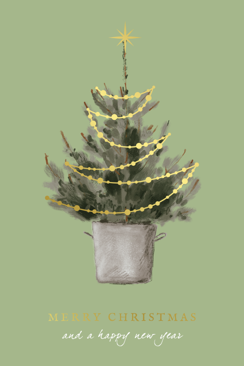 Kerstkaart met kerstboom en goudfolie slinger