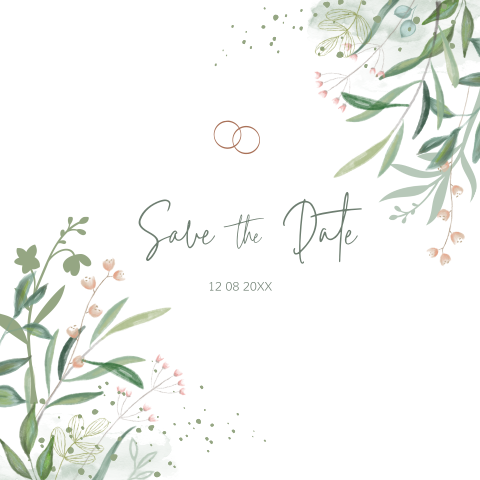 Save the Date kaart met geschilderde takjes en bloemetjes