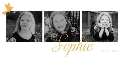 Communiekaart met foto's, duifje en oker achtergrond