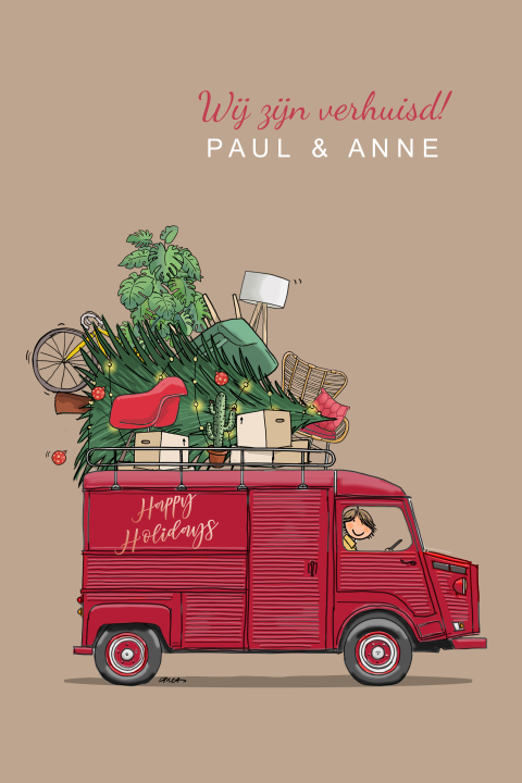 Leuke verhuiskaart met kerstboom op rood busje