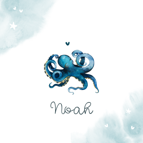 Lief neutraal geboortekaartje met aquacolour octopus