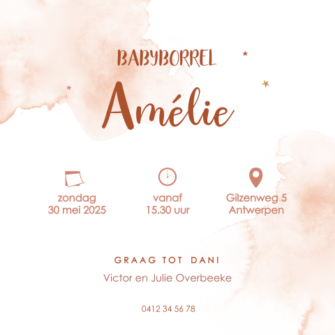 Babyborrelkaartje met geboorte icoontjes en roze aquarel