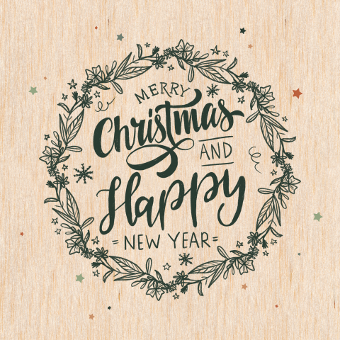 Houten kerstkaart met leuke tekst en krans