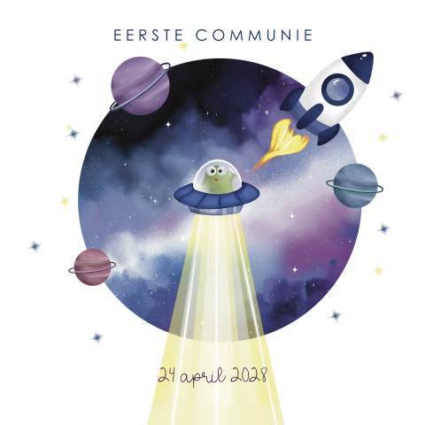 Communiekaart met ufo thema, planeet en raket