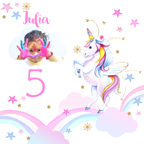 Hippe uitnodiging voor 5e verjaardag meisje met unicorn