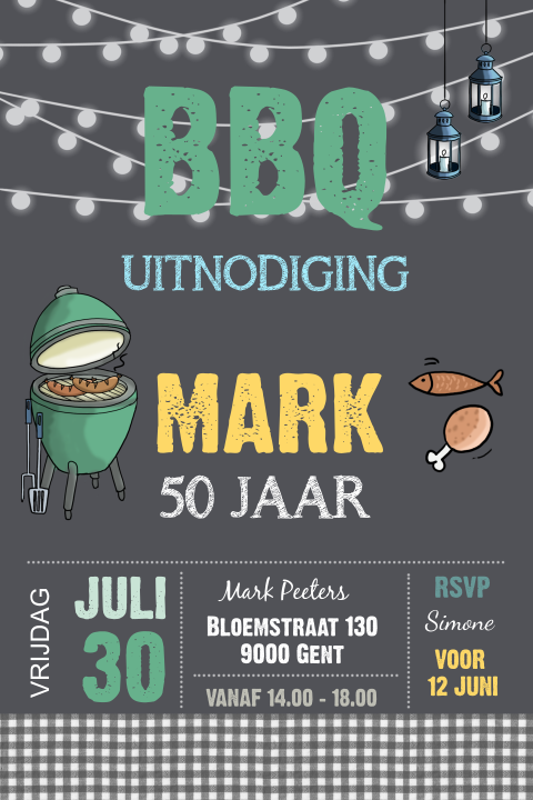 Hippe verjaardagsuitnodiging 50 jaar met barbecue thema