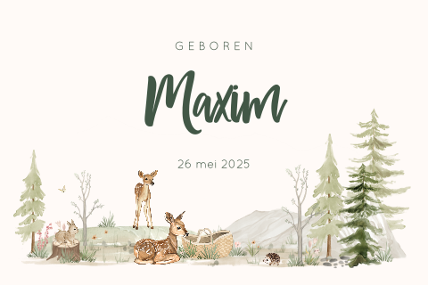 Geboortekaartje met bosdieren en landschap van aquarel
