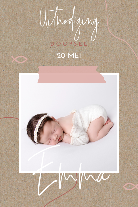 Kraft-look doopkaartje met roze details en foto