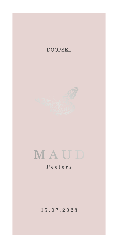 Elegant roze doopkaartje met witte border en zilveren vlinder