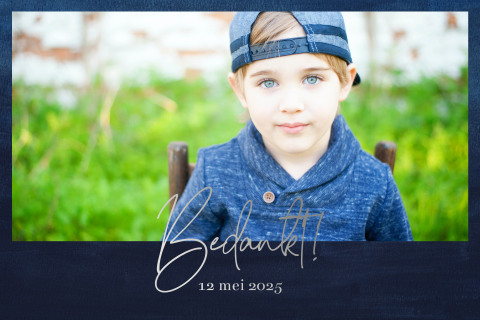 Bedankkaart communie met foto op donkerblauw en zilverfolie