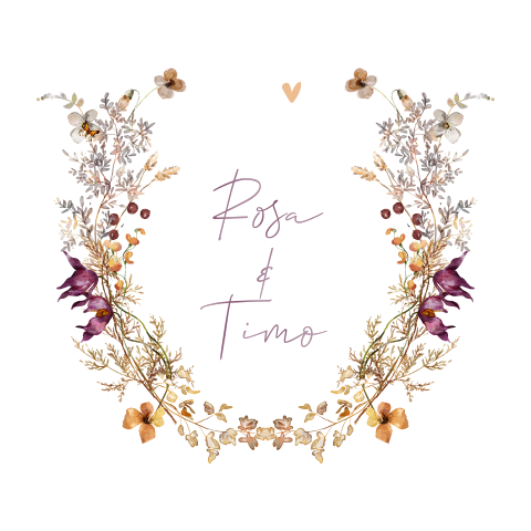 Bohemian trouwkaart met krans van veldbloemen en vlinders