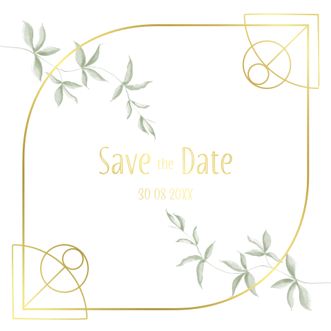 Mooie save-the-date kaart voor jullie huwelijk met goudfolie en takjes