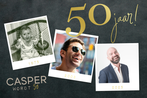 Stijlvolle goudfolie uitnodiging 50e verjaardag voor man met foto's
