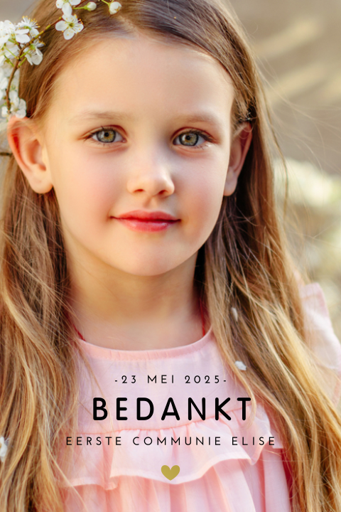 Communie bedankkaart met foto en goudfolie hartje