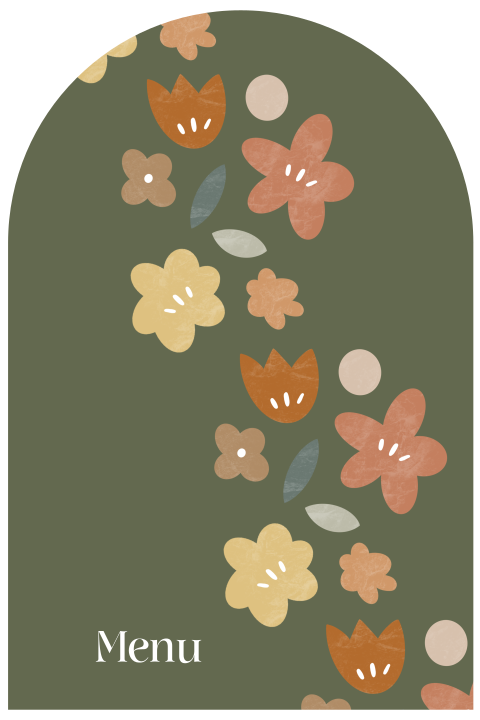 Menukaart voor 21 diner met getekende bloemen op groene achtergrond