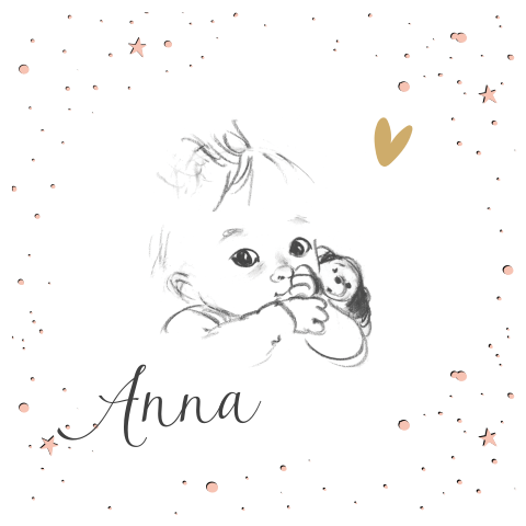 Lief geboortekaartje met tekening van baby met knuffel