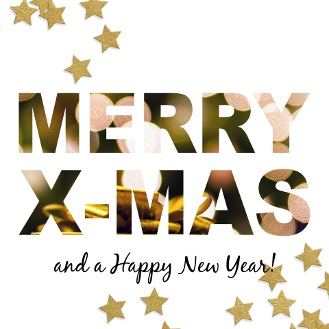 Stijlvolle kerstkaart met goudlook sterren en Merry X-Mas