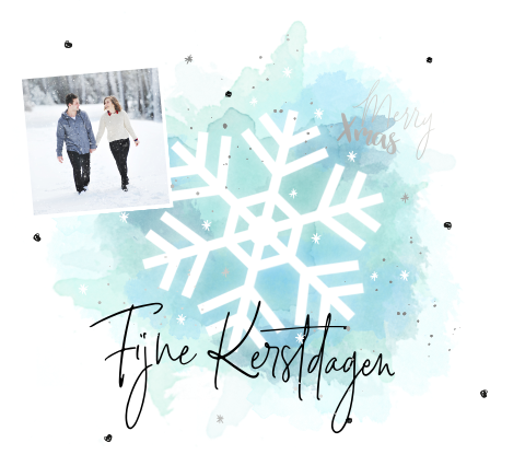 Zilverfolie kerstkaart met foto, blauwe aquarel en sneeuwvlok