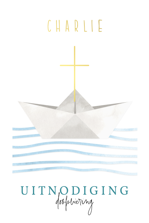 Uniek doopkaartje met papieren bootje en een gouden kruis