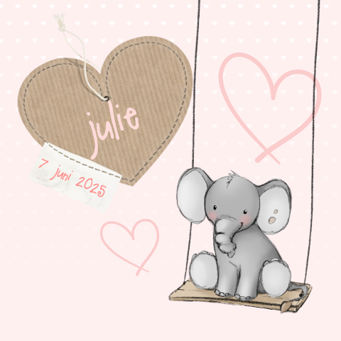 Lieve geboortekaartje met olifant op schommel