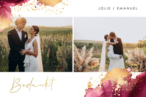 Bedankkaart trouwen met donkerrode aquarel en twee foto's